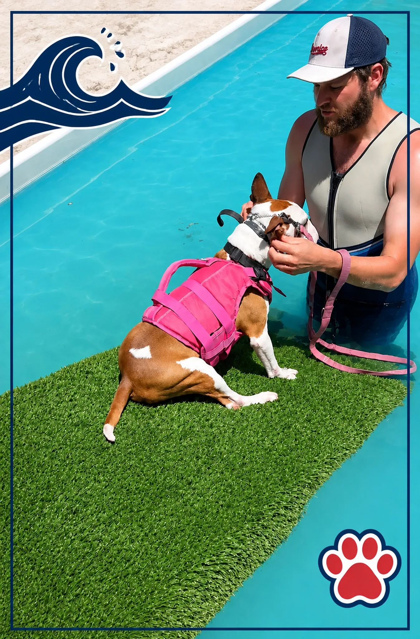 Dog wearing a pink life vest during pool enrichment.
