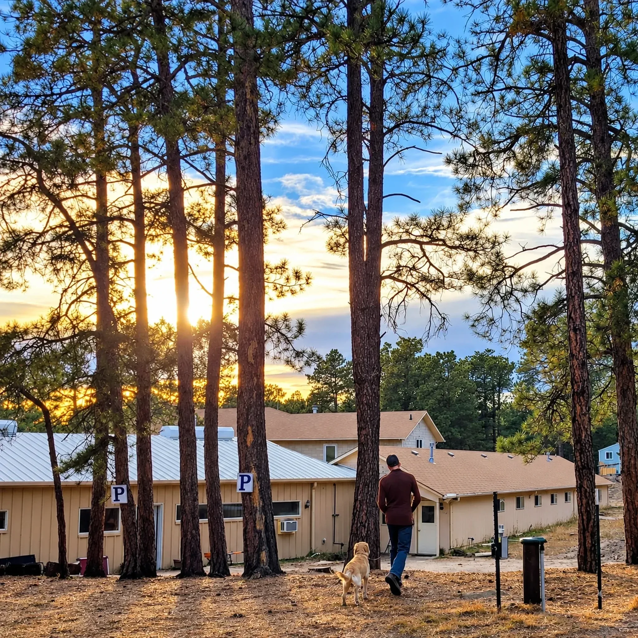 Pinnacle K9 building among pine trees at sunset.