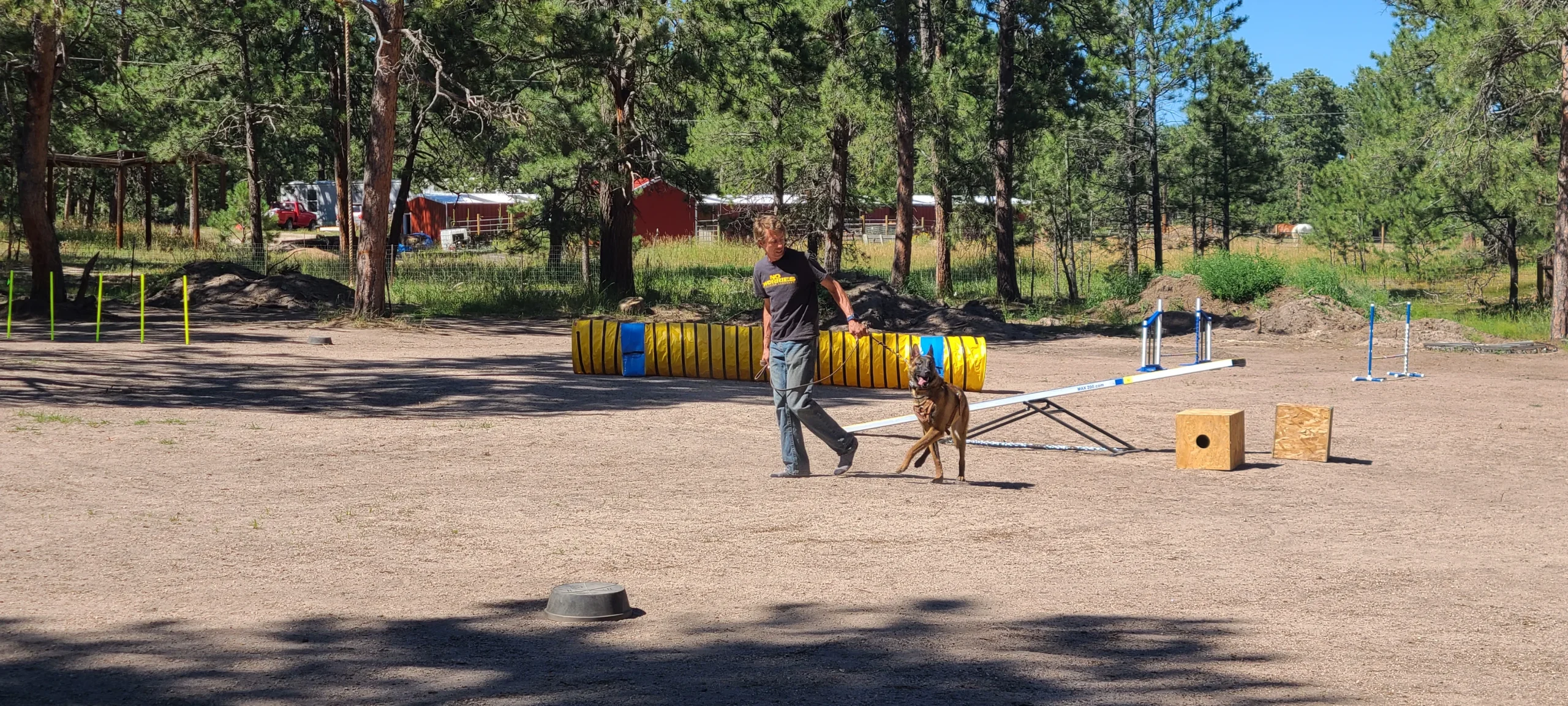Handler walking a tan dog through the outdoor agility area.